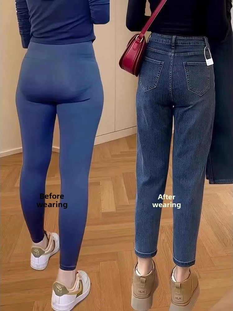 プラスサイズの裏起毛ハイウエストジーンズ レディース 秋冬 スリム ナインポイント ストレートレッグ チューブパンツ