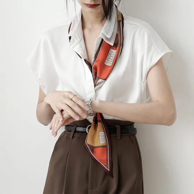 Fashion Basics Double layer Neck Elegant Silk Scarf Ladies Commuter White Shirt 2022 Summer Button All match Short Sleeve Blouse Women Blouse AliExpress