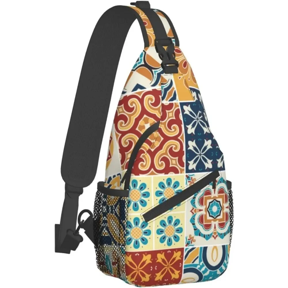 Traditional Ceramic Tiles Pattern Sling Backpack Lightweight Sling Shoulder Bag Outdoor Chest Crossbody Bike Gym Runner Daypack