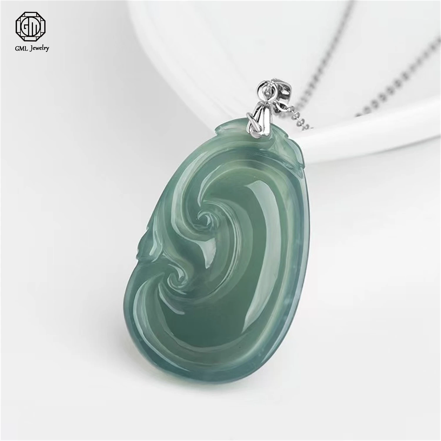 Natural Grade A Jadeite Blue Water Small Ruyi Pendant 18K Gold Inlaid Ice Translucent Women Gemstone Necklace Jewelry Gift