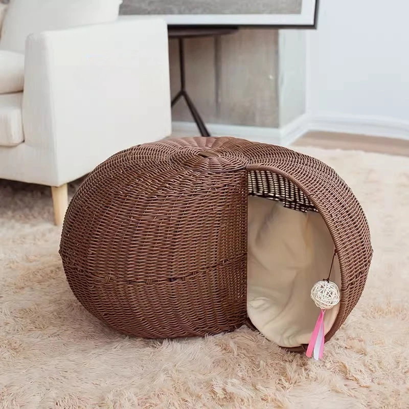 

4-Season Semi-Enclosed Cat House Breathable Rattan Pet Bed Detachable Washable Cat Villa Summer Coolness Kitty Cottage