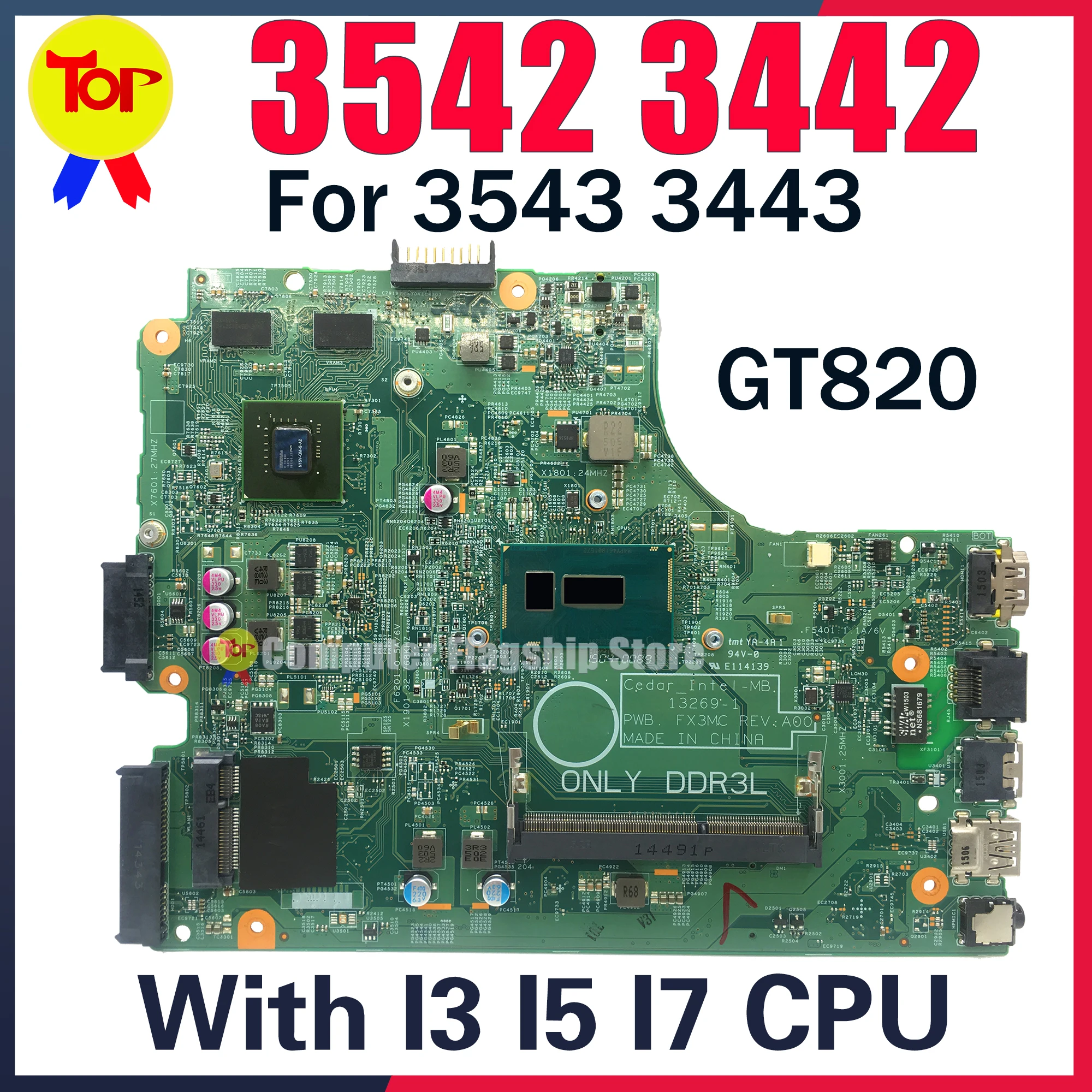 

3542 Laptop Motherboard For DELL Inspiron 15R 3543 3442 3443 5748 5749 13269-1 FX3MC I3 I5 I7-4TH 5TH GEN UMA Or GT820 Mainboard