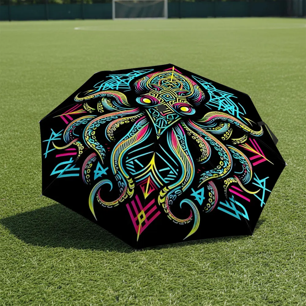 1P C Vivid Octopus Art Umbrella in Front of Historical Building Print 8 Iron Ribs Folding Umbrella Auto-Open Fashion Sunshade