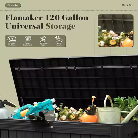 Resin Deck Box 120 Gallon Waterproof Large Deck Boxes Plus Outdoor Indoor Storage Box Imitation Wood Resin for Patio Furniture