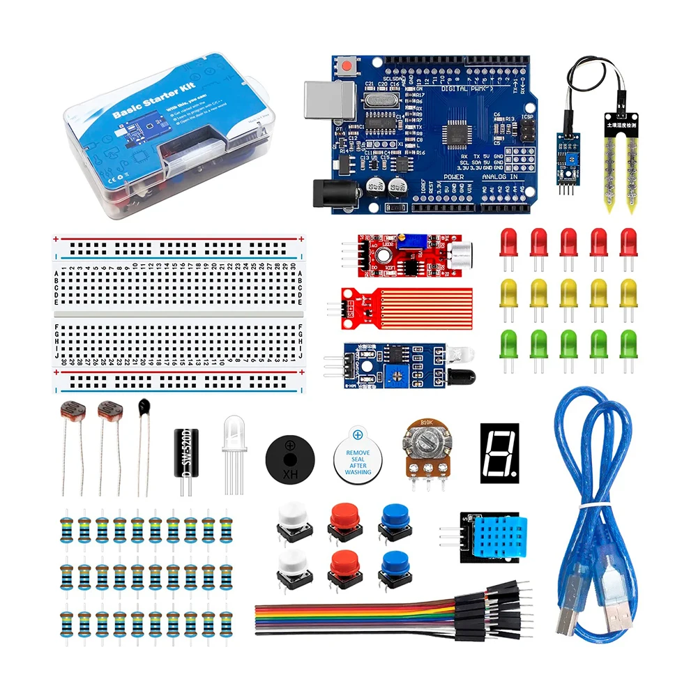 Diy Electronics Basics - ชุดอุปกรณ์อิเล็กทรอนิกส์พื้นฐานพร้อมบอร์ดทดลอง โมดูลเซ็นเซอร์ ตัวต้านทาน ชุดเริ่มต้นสำหรับงาน DIY ชุดพื้นฐาน