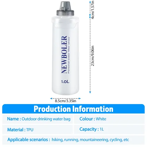 Imagen 2 del producto Botella de agua NEWBOLER, matraz blando plegable de TPU, bolsa de agua para deportes al aire libre, botella de agua plegable de 1L para correr, acampar, sin BPA