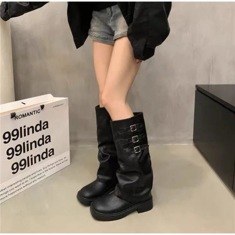 Stiefel mit klobiger Sohle und lockerem Schaft, Vintage-Kniehohe Stiefel mit gestapeltem Absatz für Damen, dicke Plattform, für Herbst und Winter – Detail 9