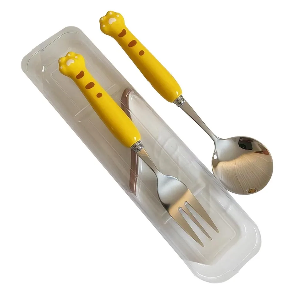 1Set Rustless Steel Tableware Rounded Smooth Short Thick Flatware Set Lightweight Cartoon Outer Dinner Kit Fruit Feeding