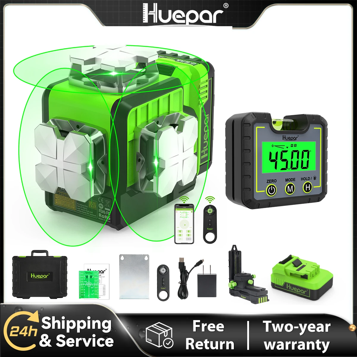 Huepar 12 Lines Laser Level With Angle Guage Green Self-leveling Cross Line Level Bluetooth & Remote Control Function Laser Tool