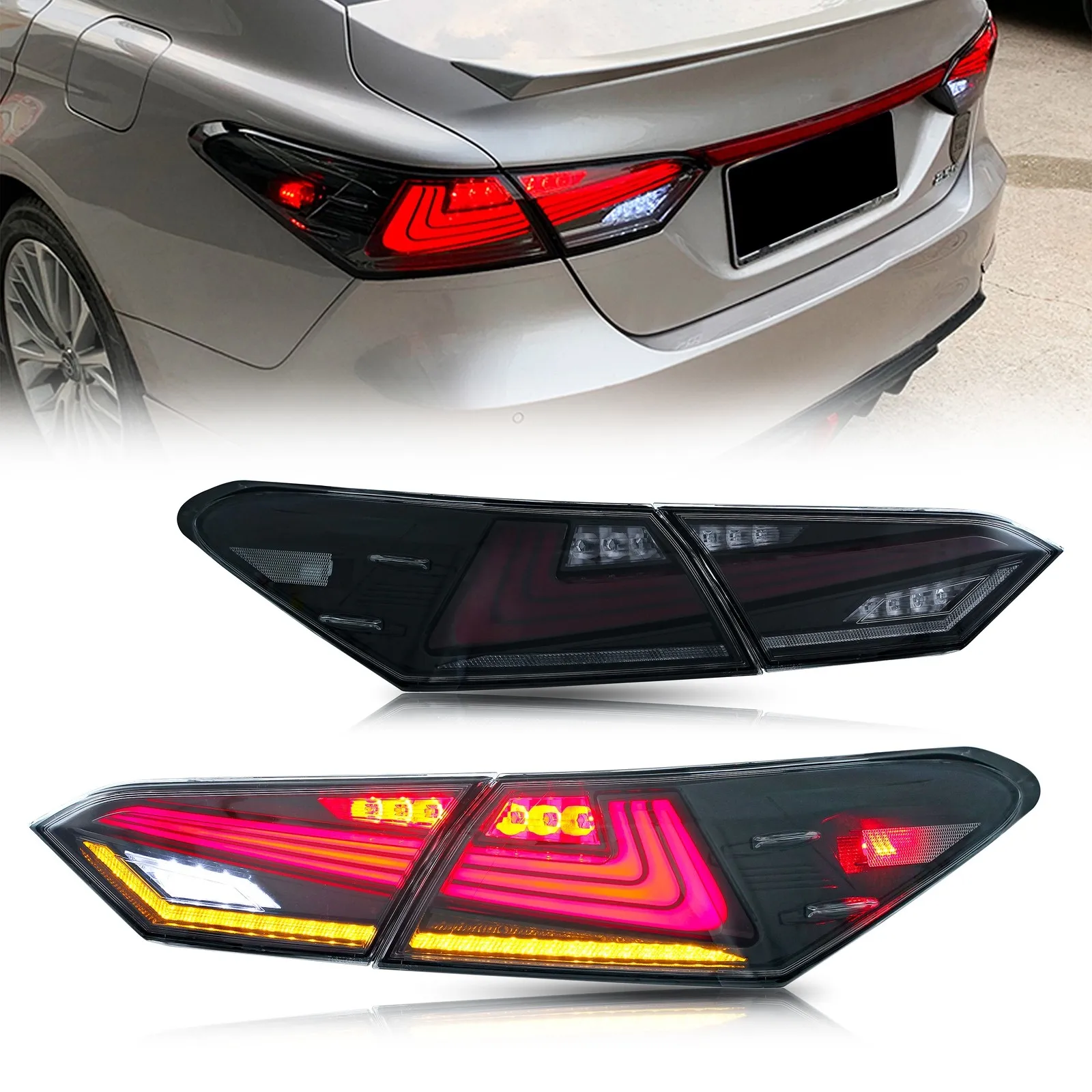 

LED Black Tail Lights Assembly for Toyota Camry 2018-2023 Sequential Animation Sequential Turn Signal Trunk Rear Brake Lamps