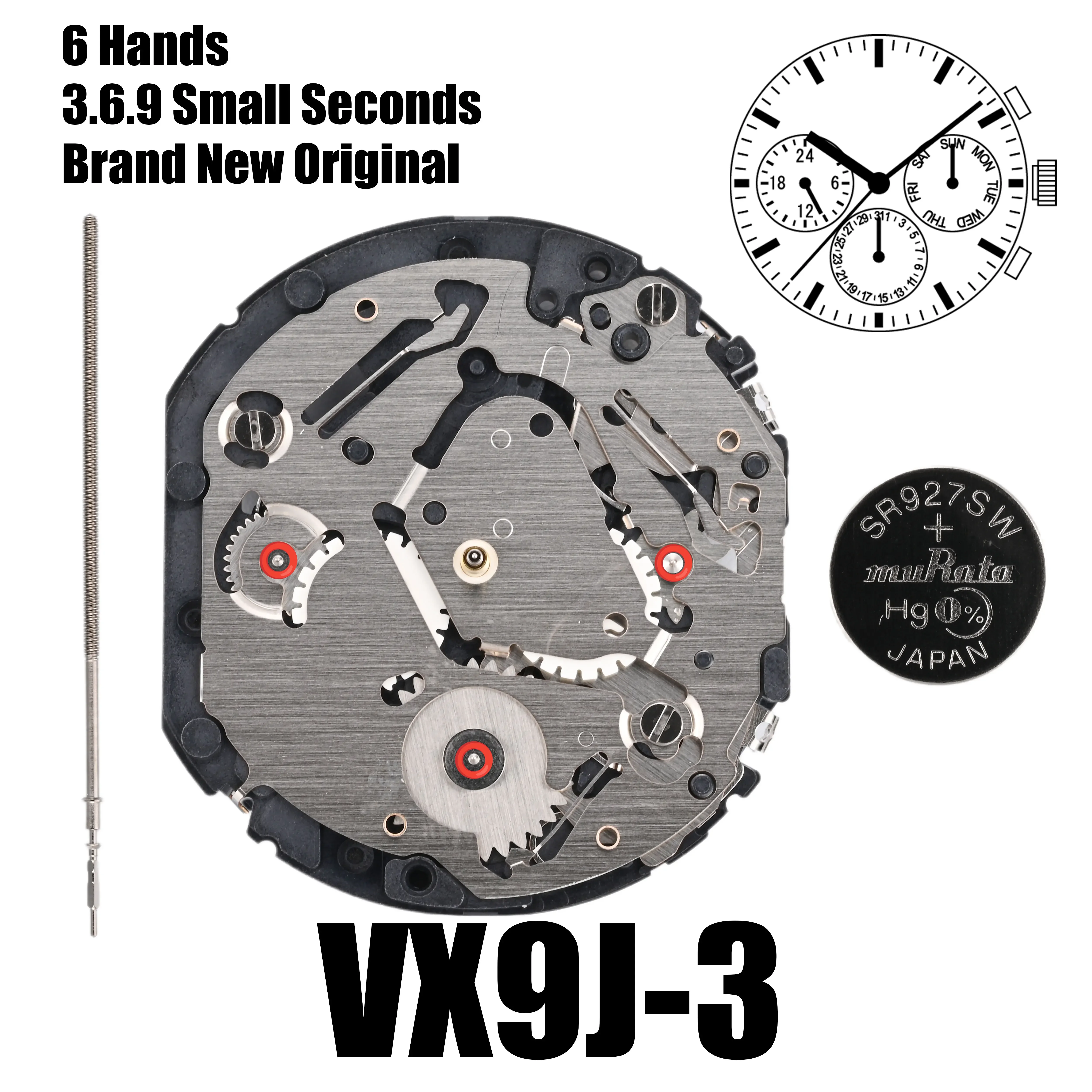 VX9J Movement Epson VX9JE | VX9 Series  Quartz Movement Six Hands 3.6.9 Small Seconds Size:12 3/4'''  Day / Date / 24 Hour