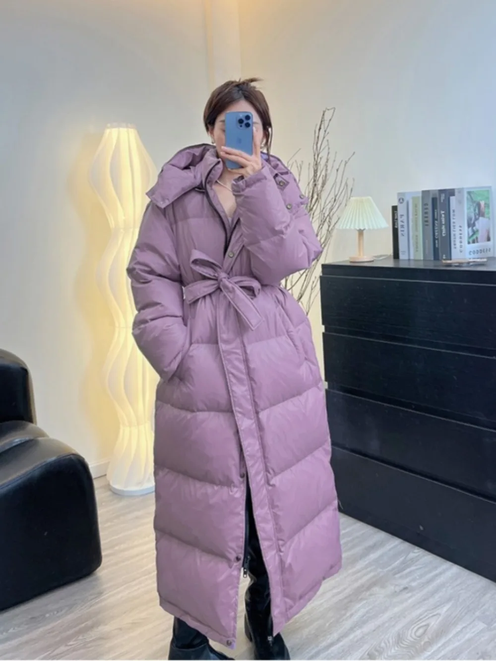 Women\'s Down Jacket Women Casual Thick Long Duck Down Puffer Coat Hooded Female Waterproof Parkas with Sashes Outwear