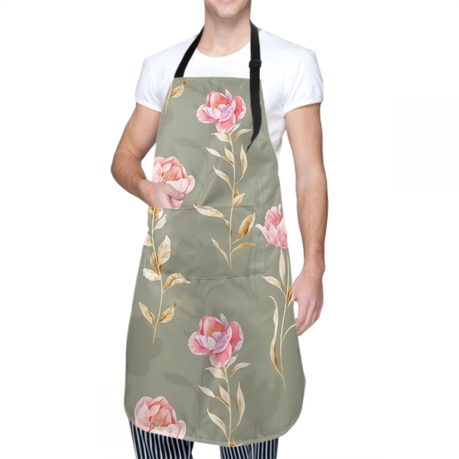 Watercolor Waterproof Apron with 2 Pockets Kitchen Chef Apron Flower Apron for Hair Brushing Cooking Baking Painting Gardening