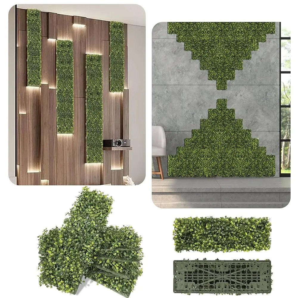 

4 Packs 18""X6"" Artificial Boxwood Grass Wall Panel Topiary Hedge Plant Wall Milan Grass Privacy Screen Fence Backdrop Wall