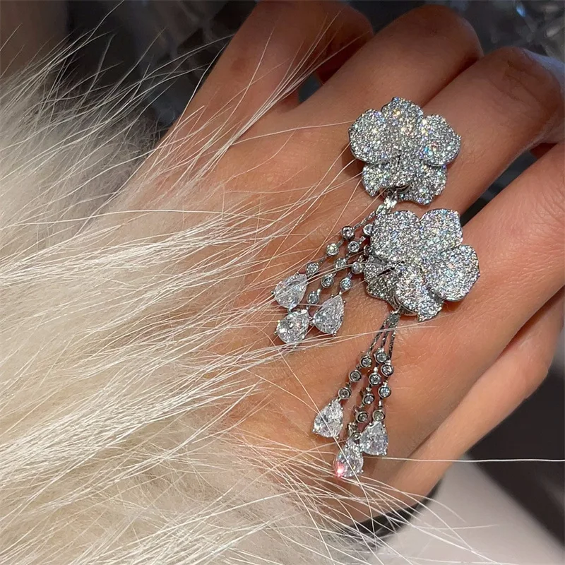 Luxury Flower drop long earrings bridal gorgeous sparkling banquet ear accessory for women