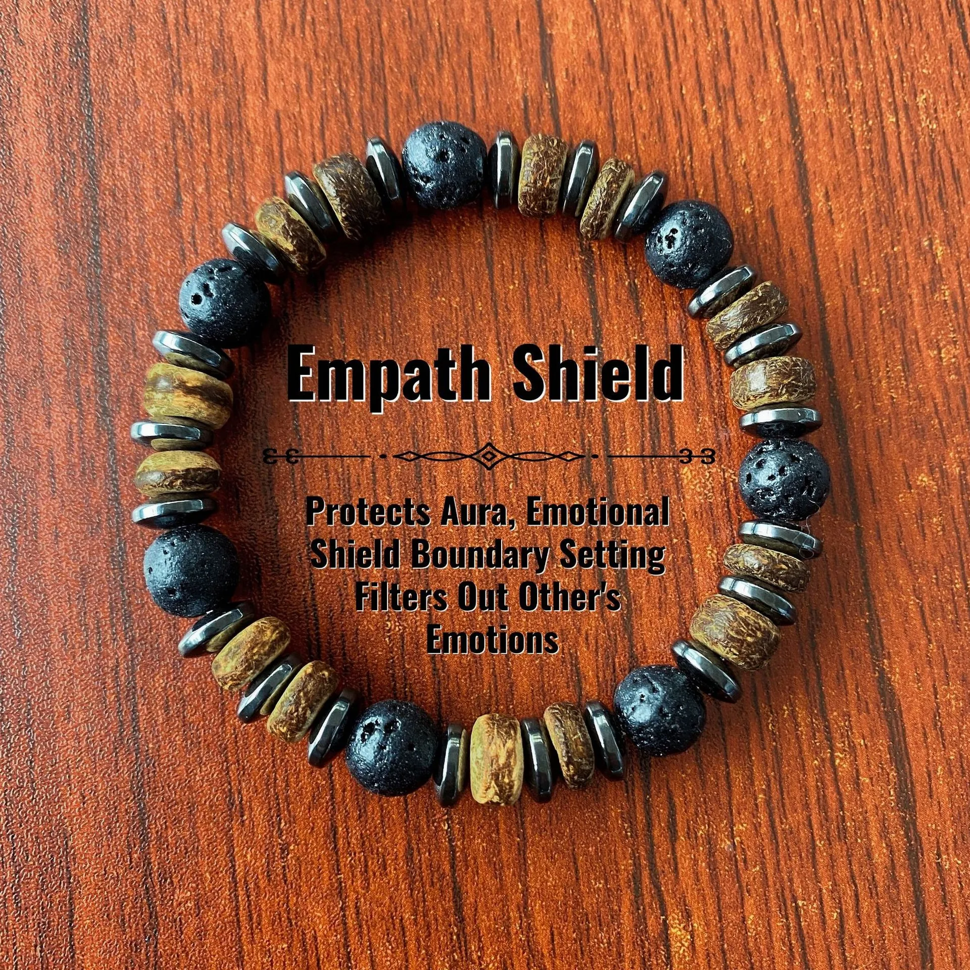 Vintage Wooden Volcanic Stone Round Bead Bracelet for Men, Negative Energy Protection, Calming Grounding Jewelry