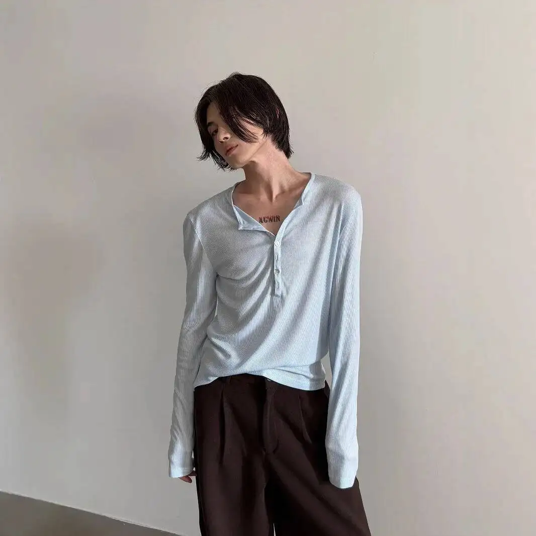 Man Sheer Overlay Shirt Unisex Lazy Vibe Henley Collar Long Sleeve T Shirt Transparent Slim Base Layer