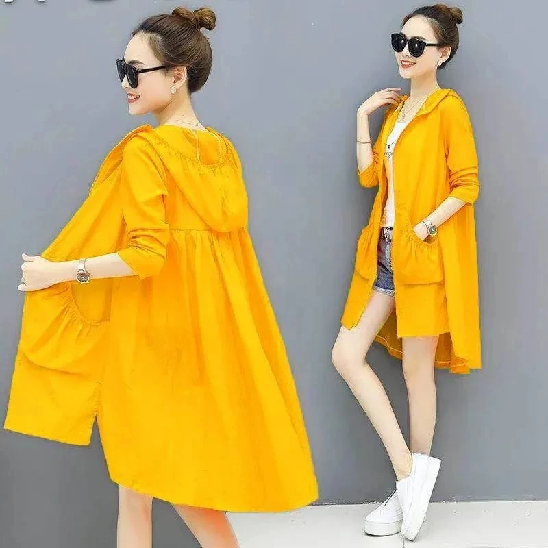 Hooded Sunscreen Thin Mid-length Coat Women Summer UV Protection Jackets Casual Loose Outwear Long Sleeve Korean Fashion