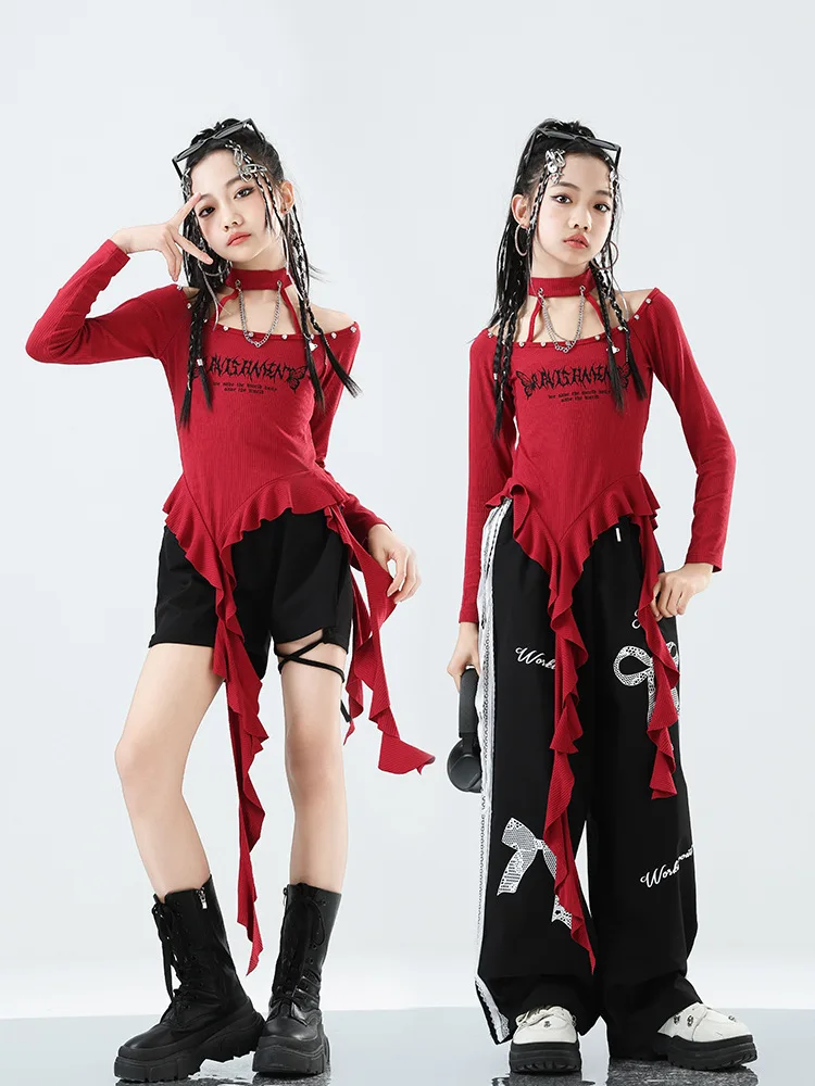 Kinder K-pop Unregelmäßige Crop Top Street Dance Lose Hosen Mädchen Gruppe Kleidung Jazz Kostüm Kinder Hip Hop Streetwear set