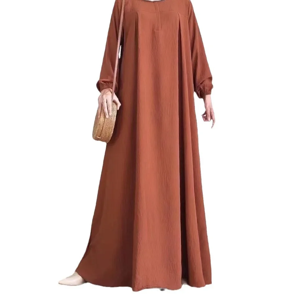 2024 New Saudi Arabian Muslim Women\'s Casual Robe. Dubai Abaya Solid Color Zipper Round Neck Dress with Elastic Sleeves. S-XXL