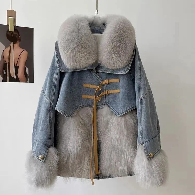 2024 Denim Faux Fox Pelz Daunen jacke neue Winter warme Samt Denim Mantel großen Pelz Kragen Mantel Winter lässig dicken warmen Jeans mantel