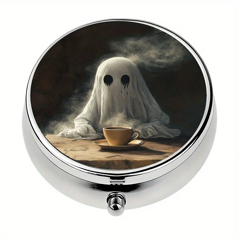 1-piece pill box, 3-compartment ghost coffee-themed mini pill box, medication storage box, unique gift, convenient travel gift