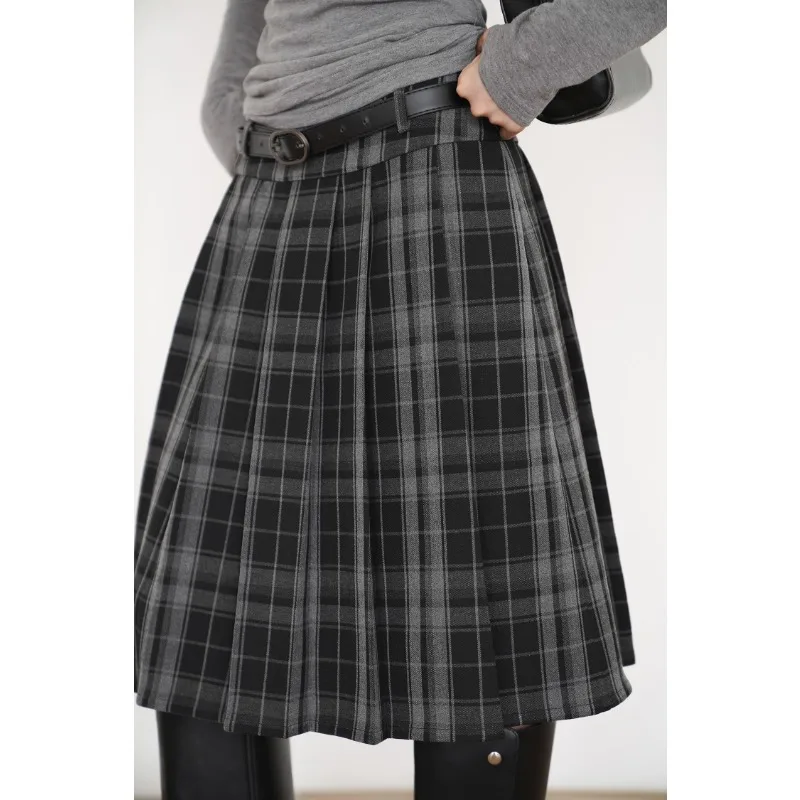 

Korean Retro Pleated Loose Mid-length Skirt Women 2025 Autumn New High Waist Contrast Color Plaid Casual A-line Skirt