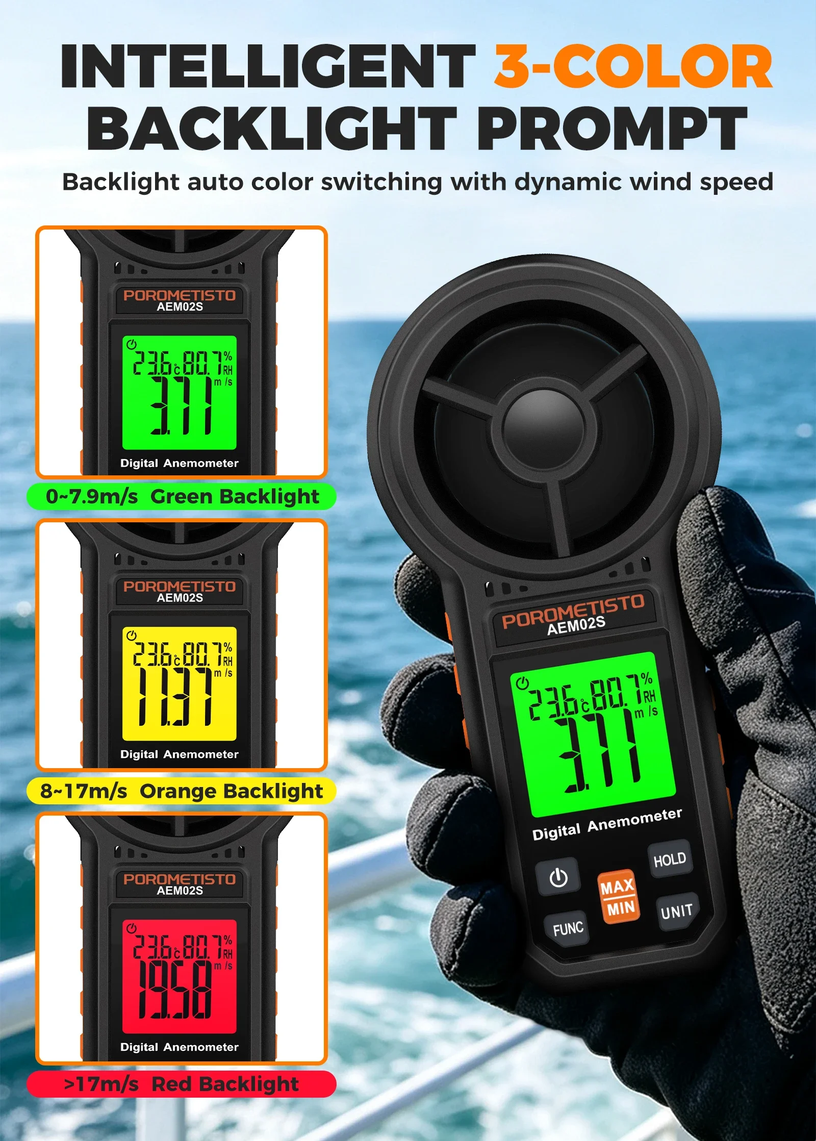 Digitales Anemometer 0,4~30,00 m/s Handgehaltenes Windgeschwindigkeitsmessgerät Luftgeschwindigkeit Luftstromrate mit LCD-Hintergrundbeleuchtung CFM CMM CMS Messwerkzeug – Detail 8