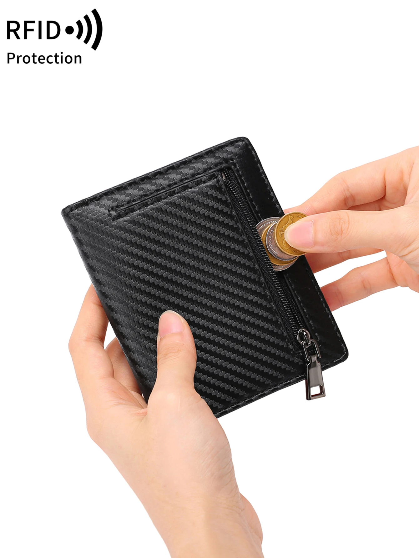 Men\'s Carbon Fiber Wallet PU Leather RFID Bifold Short Wallet Portable Zipper Coin Pocket Ultra-thin Large Capacity Card Holder