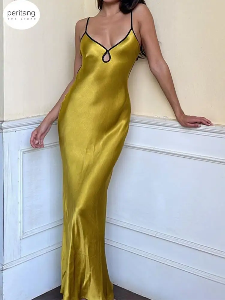 

PERITANG Sleeveless Slips Backless Patchwork Lace Up Cut Out Elegant Sexy Maxi Prom Dress 2024 Women Fashion Beach Party Outfit