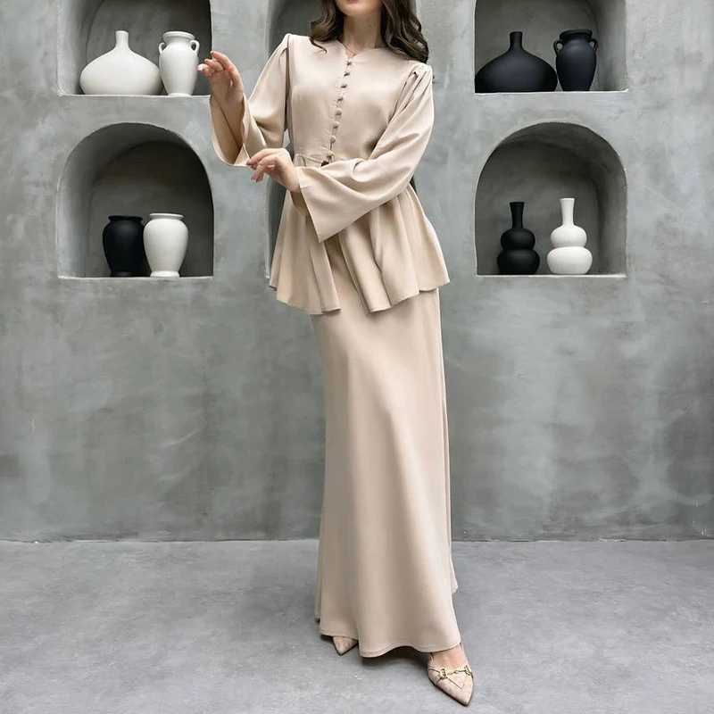 

Sexy V-neck Button Cardigan Top & Long Skirt Set Lady Casual Long Sleeve Satin Party Outfits Elegant Temperament Draped 2Pc Suit
