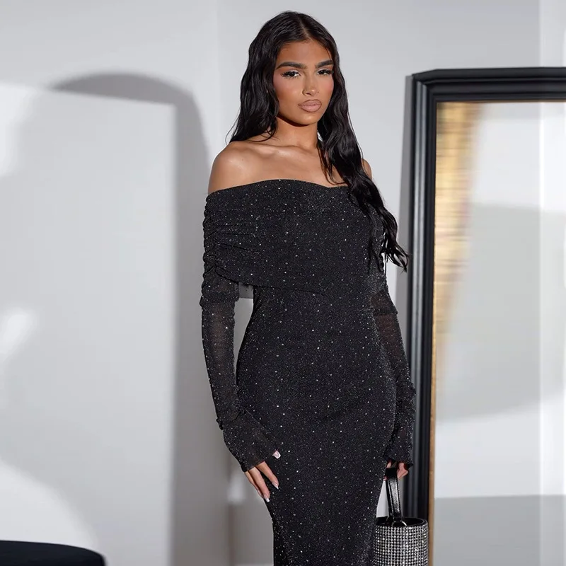 Chaxiaoa Glitzer Off-Shoulder Sexy Maxikleid für Damen Kleid Schwarz Trägerlos Langarm Bodycon Club Party Sparkle Langes Kleid