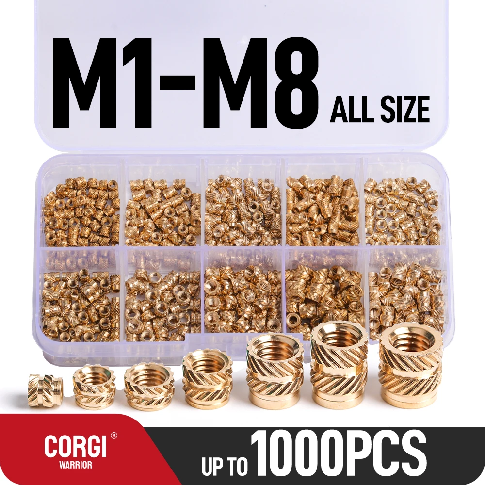 Hot Melt Brass Insert Nut Assortment Kit 1000-65 M1 M1.2 M1.4 M2 M2.5 M3 M4 M5 M6 M8 Knurled Thread Metric Inserts for Plastic