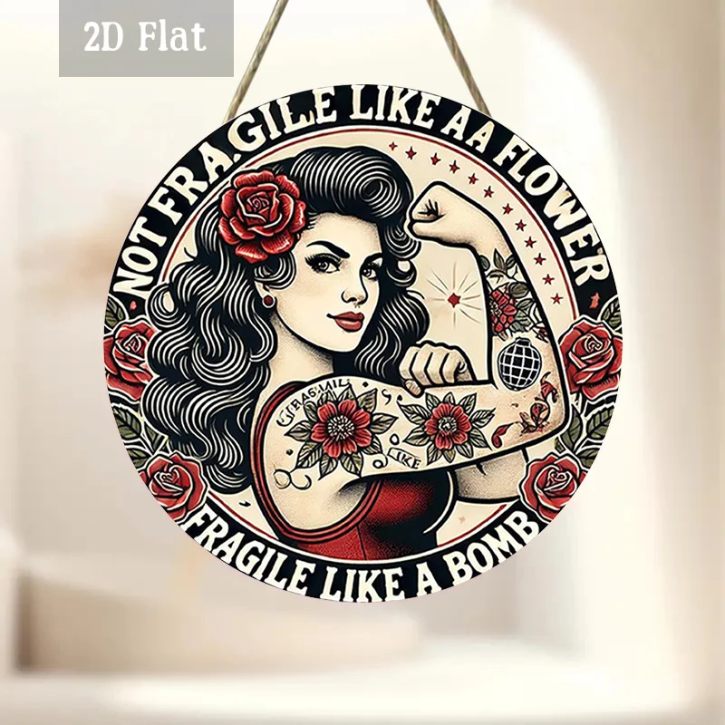 2D Flat - 1pc Retro Style Wood Panel Painting, Tattoo Art Round Wall Decor Empowering Motivation Round Wooden Decoration, Red Ro
