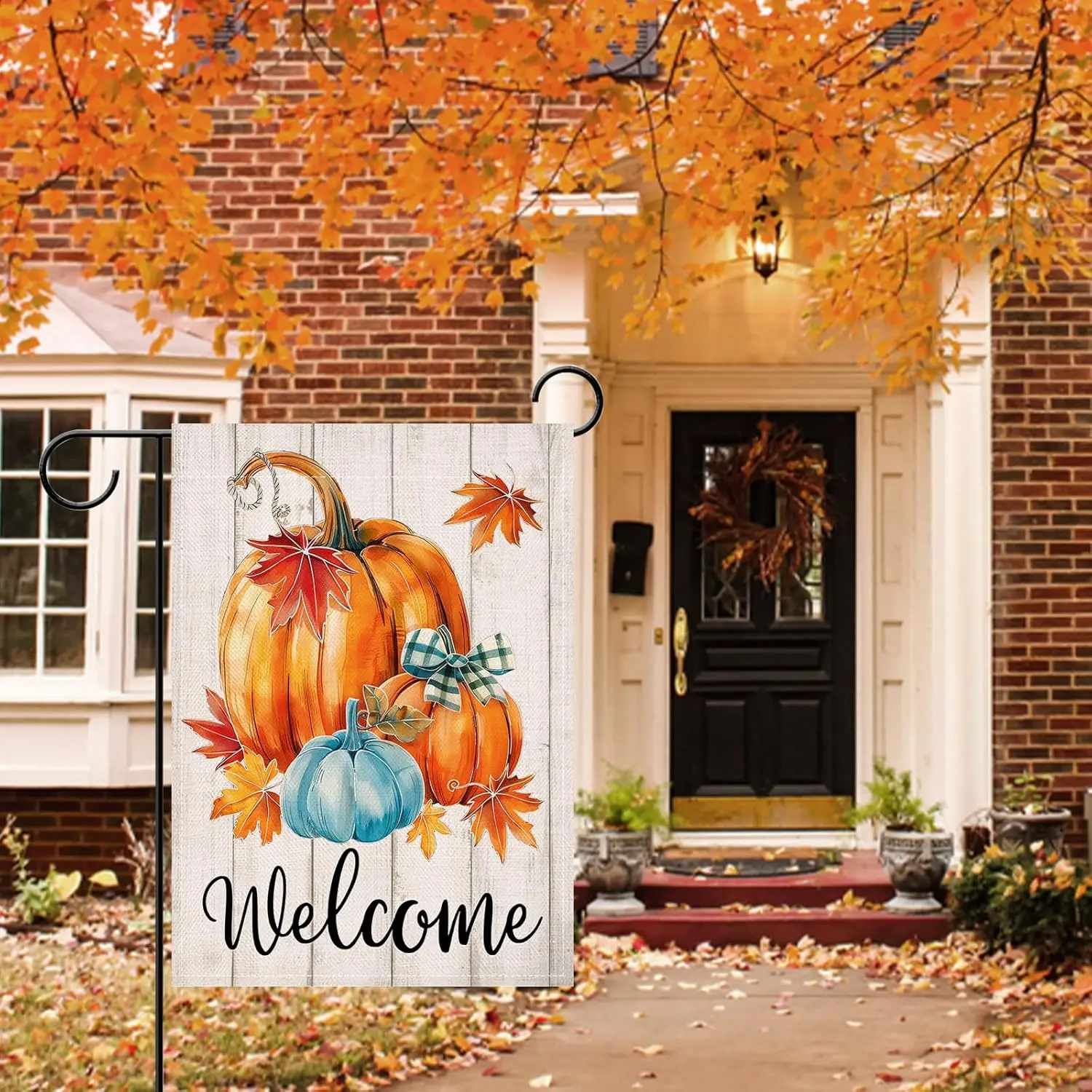 Artofy Welcome Fall Blue Pumpkin Small Decorative Garden Flag, Autumn Thanksgiving Harvest Maple Leaves Yard Outside Decor,  UUN