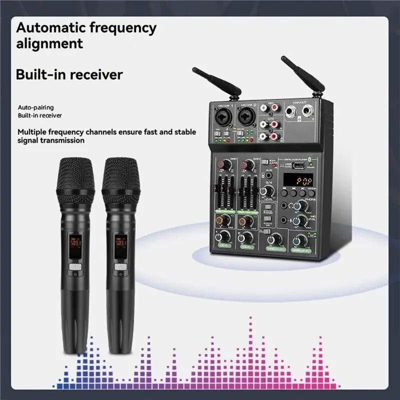 ●Wireless Microphone 4 Channel Audio Mixer Console Audio Mixing USB Bluetooth Reverb For DJ PC Recording