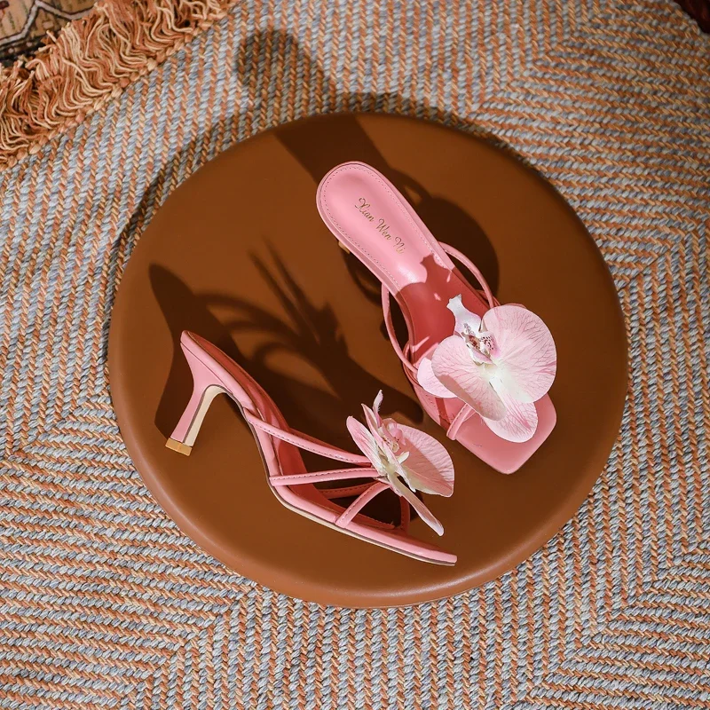 Butterfly Orchid Flowers Decor Women Dress High Heels Fashion Square Toe Thin Heel Slingback Pumps Ladies Flipflops Slippers