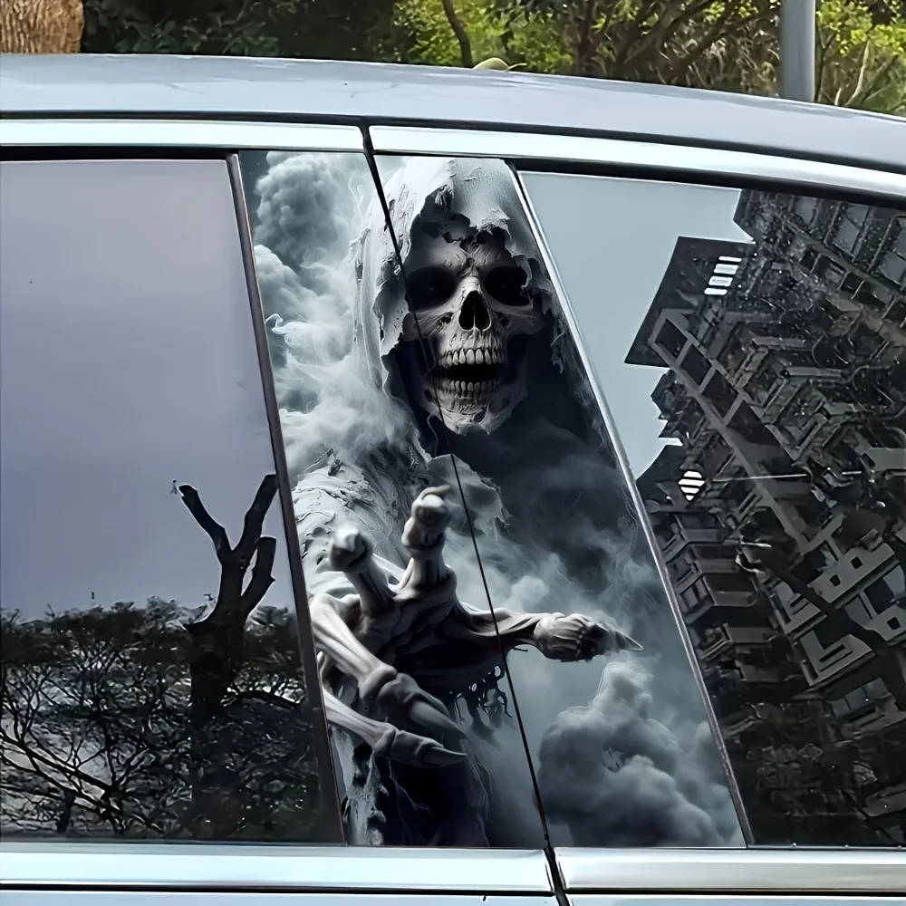 2-Piece Set of Ghost Skeleton Vinyl Car Stickers, Easy to Stick and Tear Off, Glossy Surface, Rectangular B-Pillar Protective Sticker