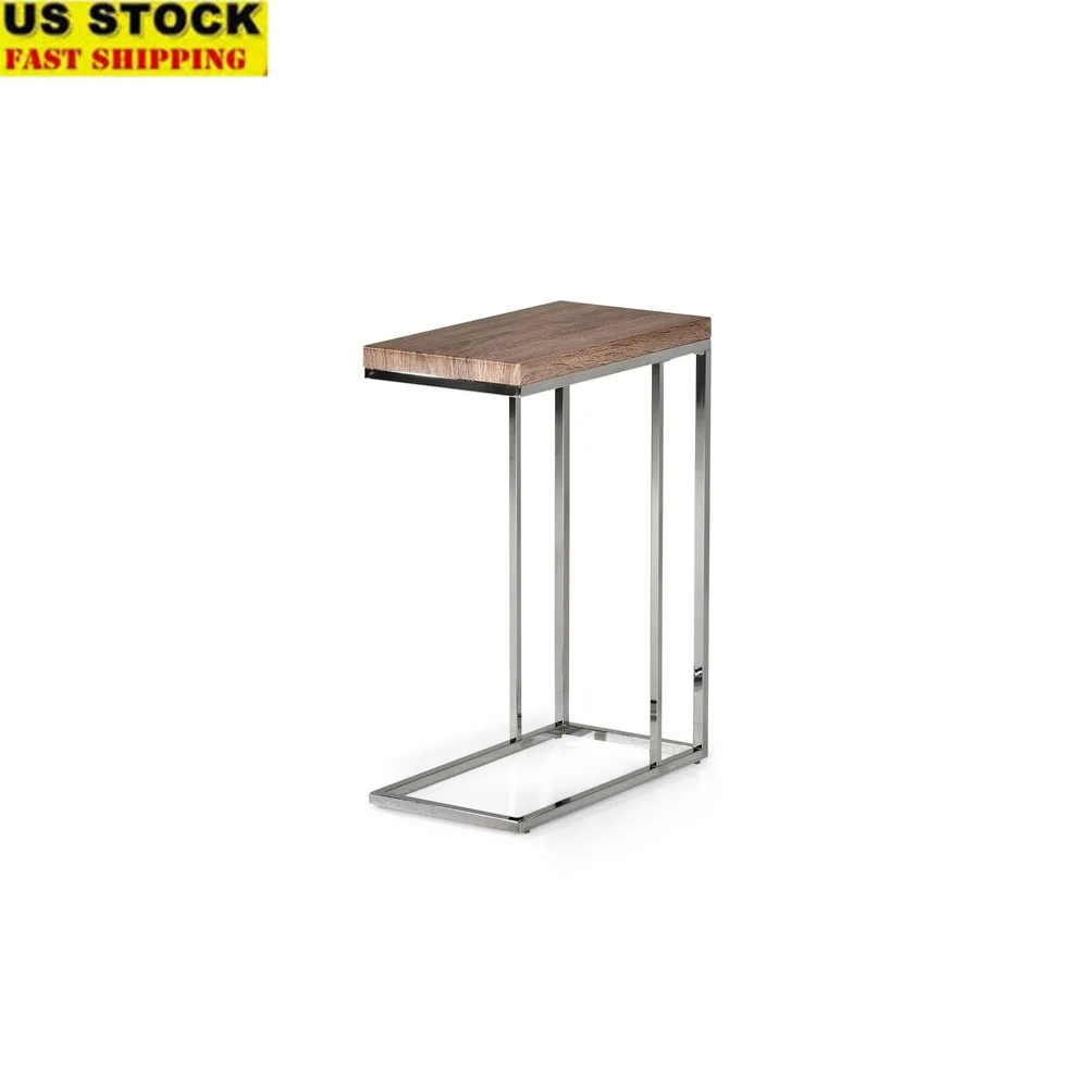 

Modern C Shape End Table Indoor Use Chrome Frame Laminated Wood Top with Storage Shelf Light Brown Finish 25 Inch Tall