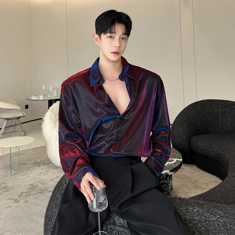 IEFB Men Casual Shirt Trendy Liquid Versatile Shiny Design Fashion Loose Long Sleeve Top Korean Style Personality Clothing 9C584