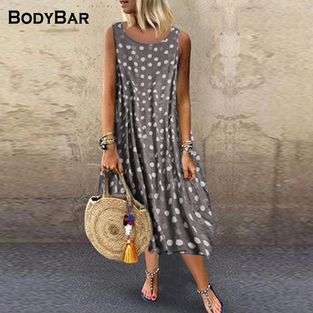 

Polka Dot Print A-line Dress Ladies Summer Sleeveless Casual Beach Long Robe Loose Bohemian Dresses Strapless Sexy Lady Vestidos