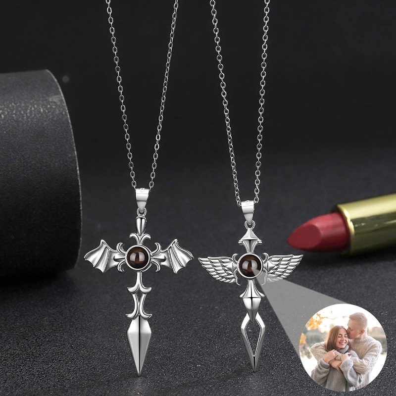 

Custom Photo Projection Photo Necklace for Women Men Personalized Birthday Gift Cross Angel Wing Pendant Necklace Couple Jewelry