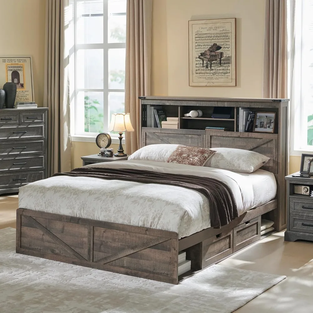 

Farmhouse Full Size Wood Bed Frame with 52" Tall Storage Headboard and 4 Drawers,LED Light,Charging Station,Solid Wood Slats Sup