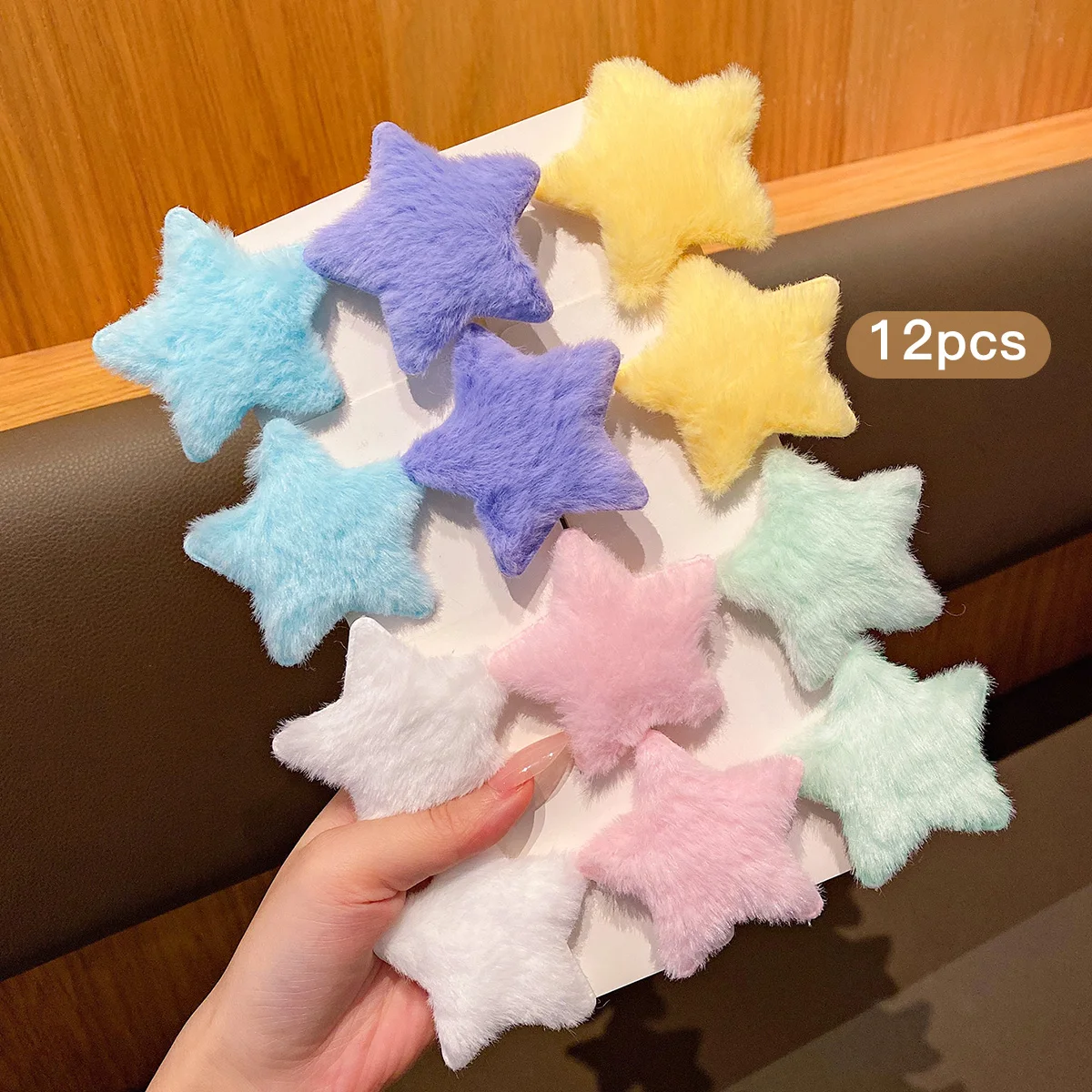

12 random plush star hair clips in different colors, sweet and stylish colored hair accessories suitable for daily use