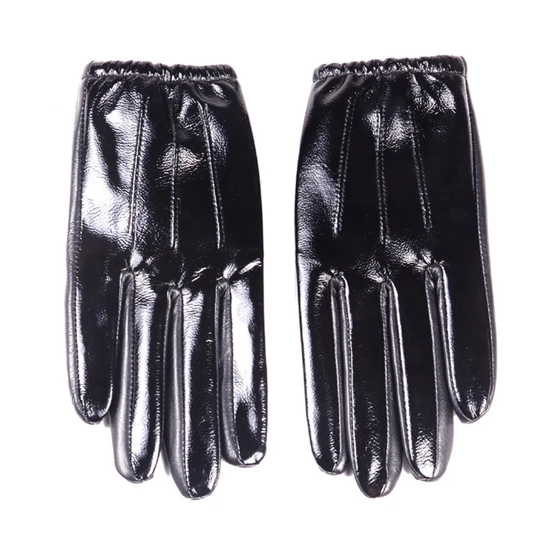 Leather Gloves Men Winter Black 100% Patent Leather Mittens Male Contrast Color Touch Screen Short Elastic Wrist Guantes Moto