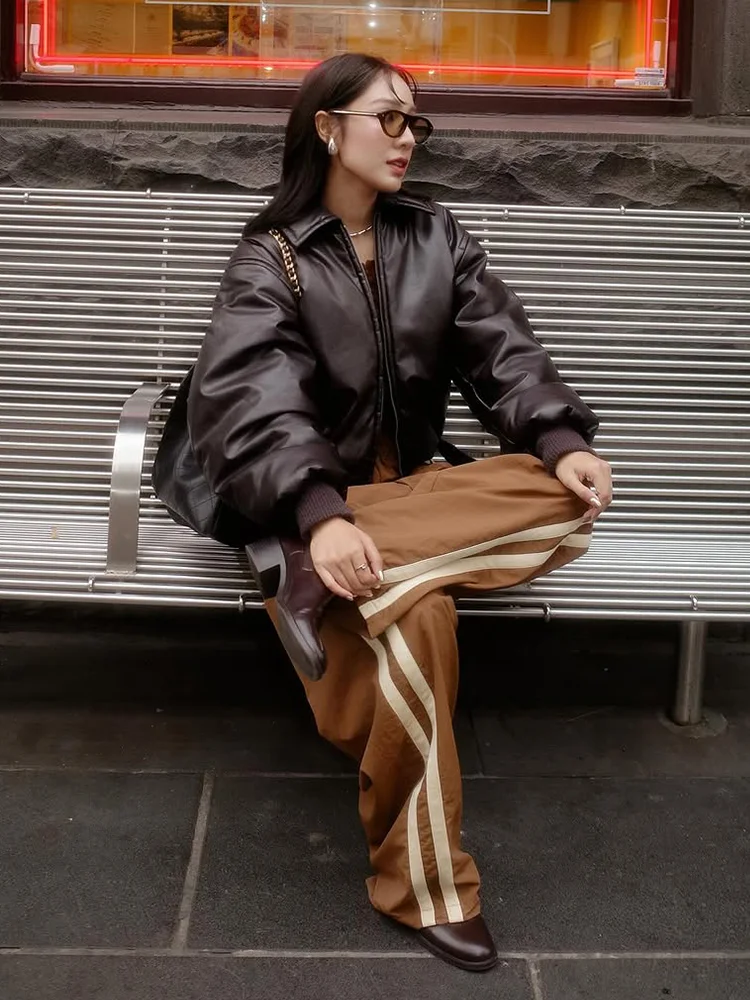 

2025 Zipper Leather Cotton Jacket Women Casual Winter Lapel Long Sleeve Short Loose Outerwears Fashion Lady Daily Street Jackets