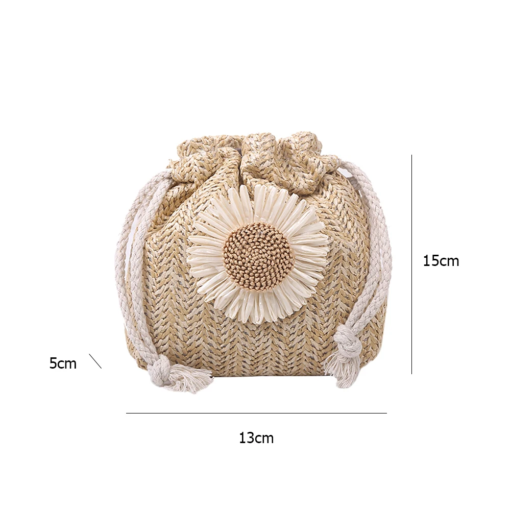 Women\'s Bag Summer Beach Straw Bags Classic Texture Sunflower Drawstring Woven Bucket Crossbody Shoulder Messenger Backpacks