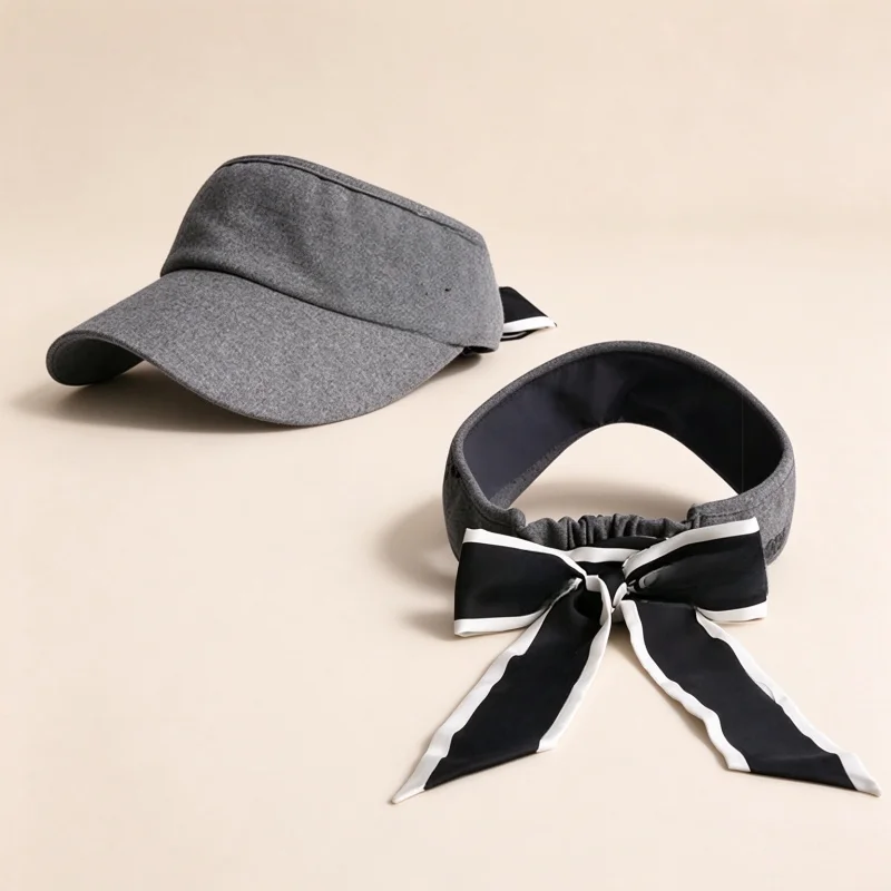 Ladies Autumn Golf Sun Visor Pure Wool Elastic Retention Empty Top Hat Fashion Long Scarf Ribbon Bow Outdoor Golf Headwear