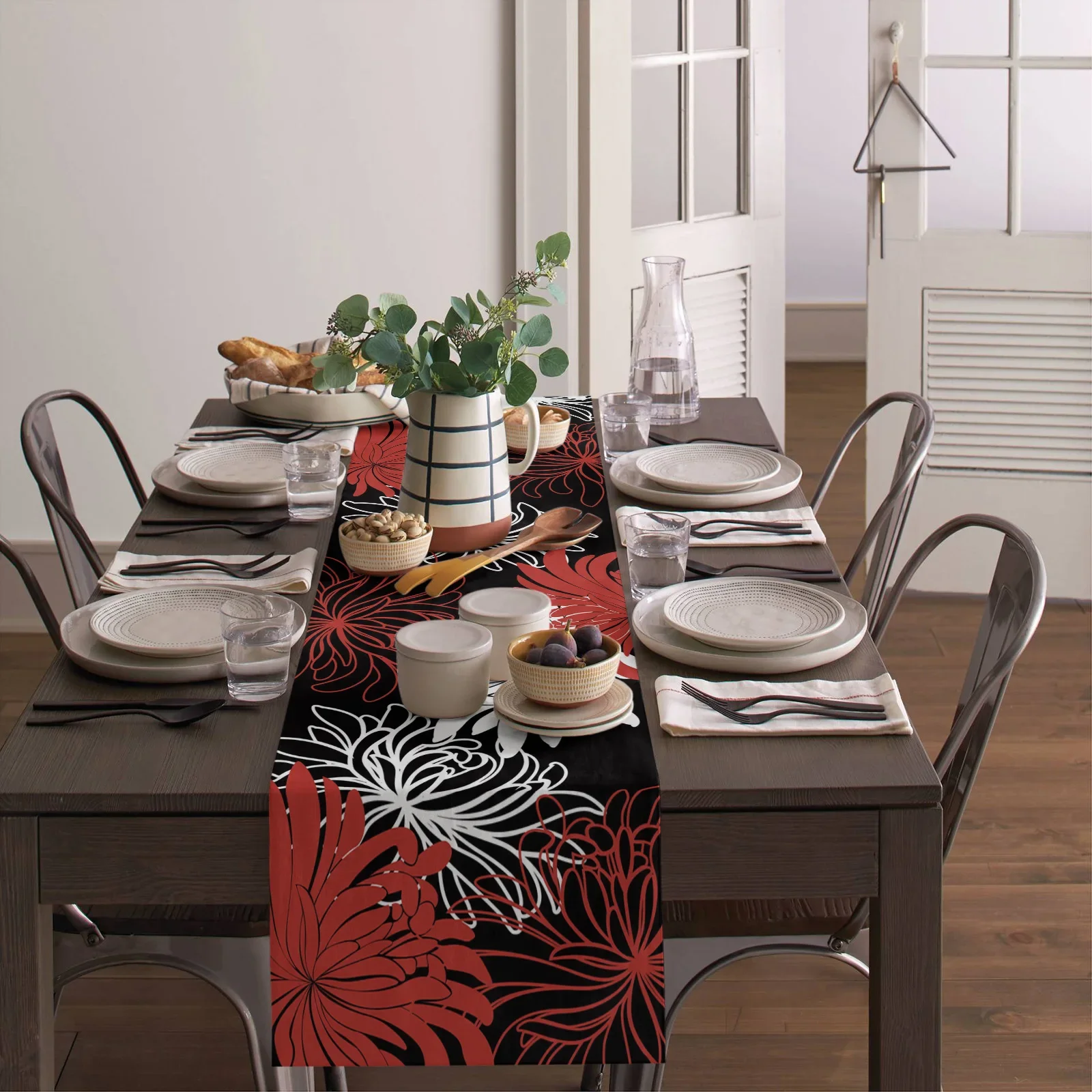 Camino de mesa de lino con diseño de flor, rojo, blanco y negro, crisantemo, decoración de mesa de cocina, mantel de comedor de granja, decoración del banquete de boda