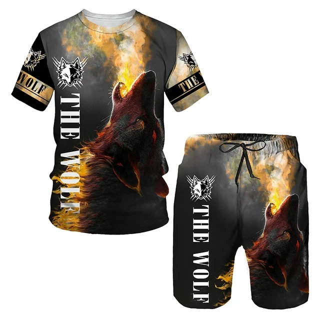 The Wolf Print Set Suit Hip Hop Harajuku 3D Sports 2 Piece Oversized Sweatshirt O-neck Tshirt Beach Shorts Outfits man clothes